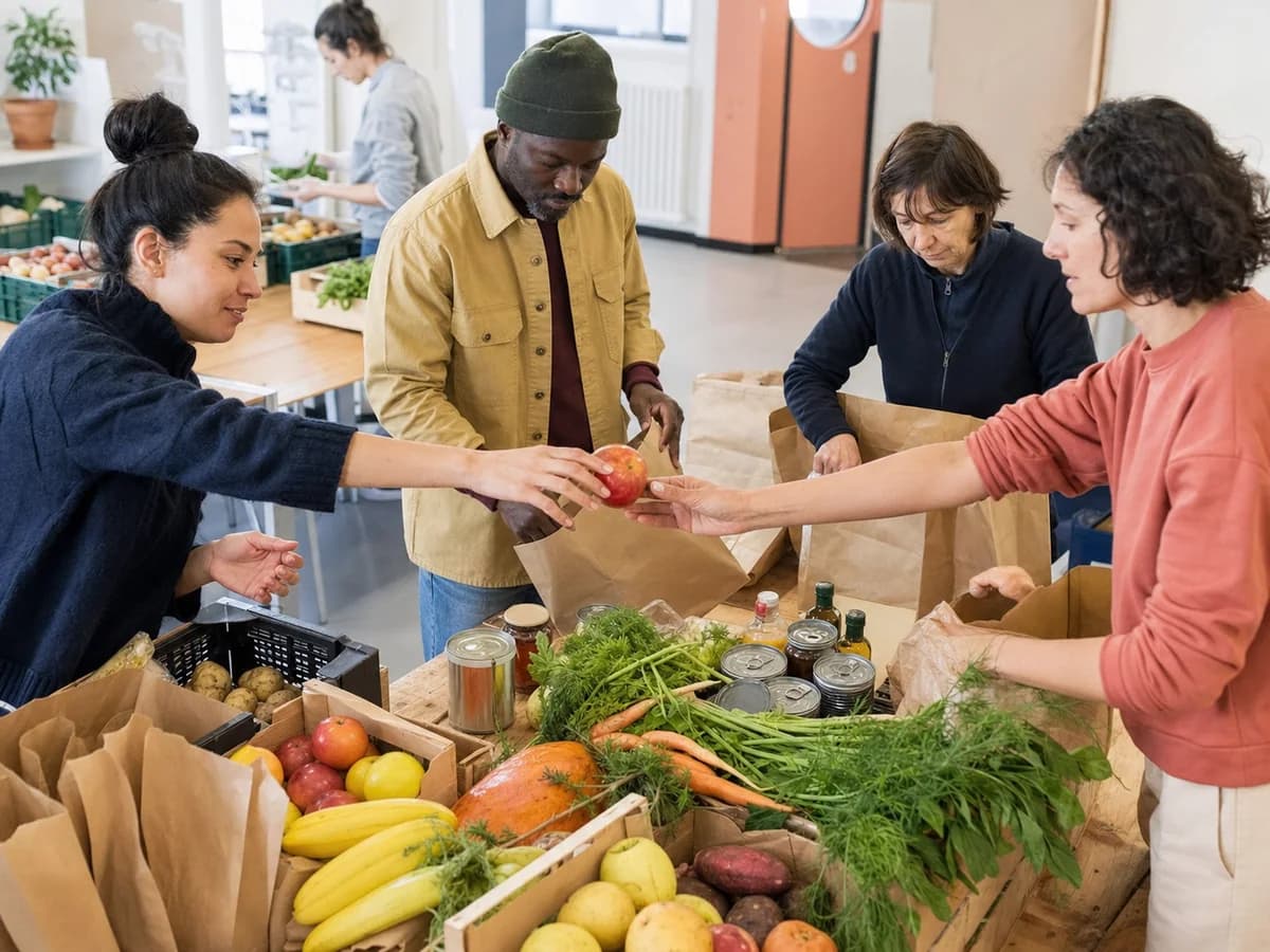 Des bénévoles préparent ensemble des colis de produits frais