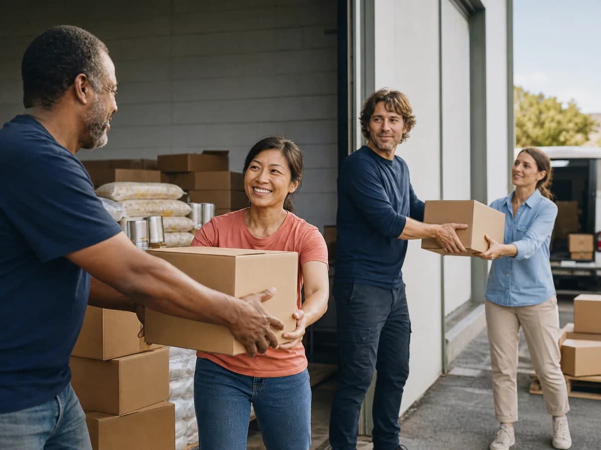 Des bénévoles chargent ensemble des cartons d’aide alimentaire
