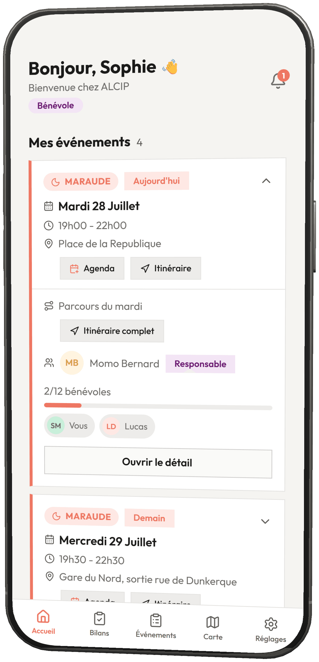 Écran d'accueil : les prochaines sorties d'une bénévole, avec le lieu et l'équipe