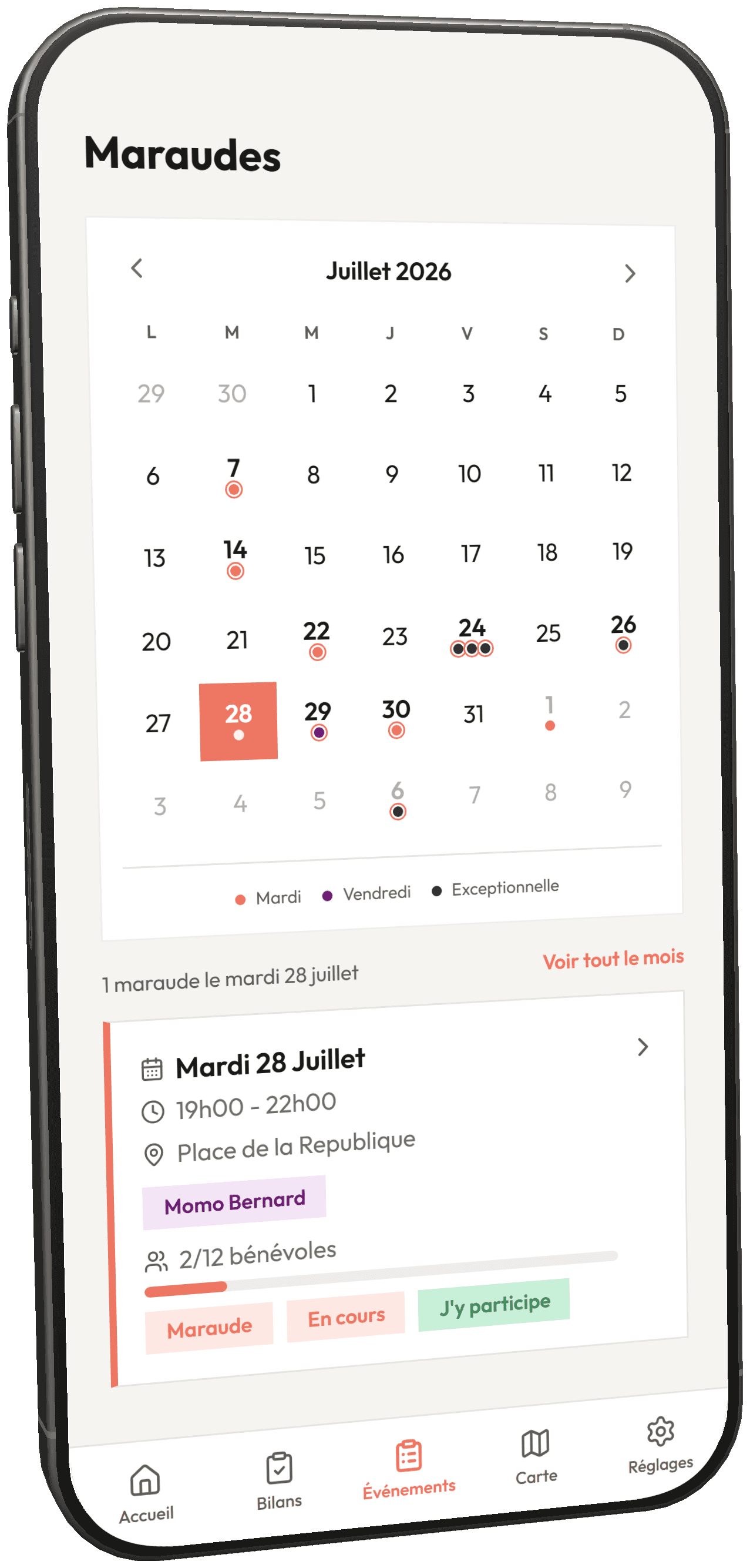 Calendrier du mois avec les maraudes, distributions et collectes